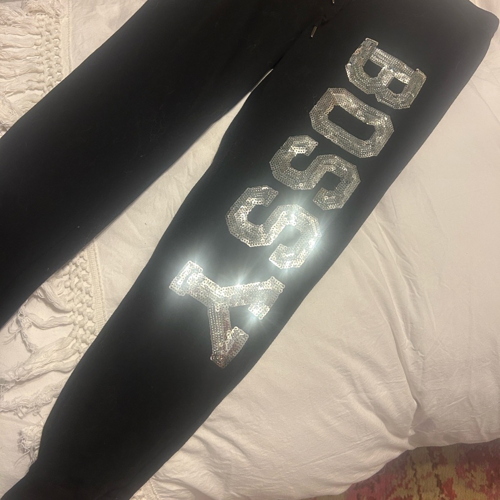 Juniors Black BOSSY SILVER SEQUINED Sweatpants